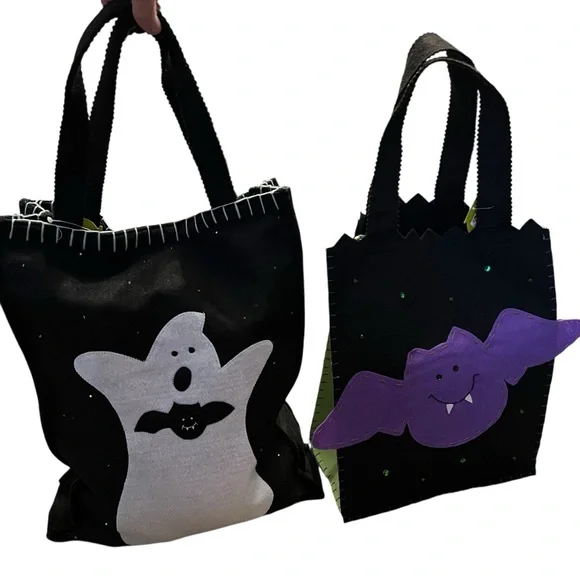Vintage Halloween Trick or Treat Tote Bags Felt Ghost Bat Sequin Embroidery 2 pc - Picture 3 of 10